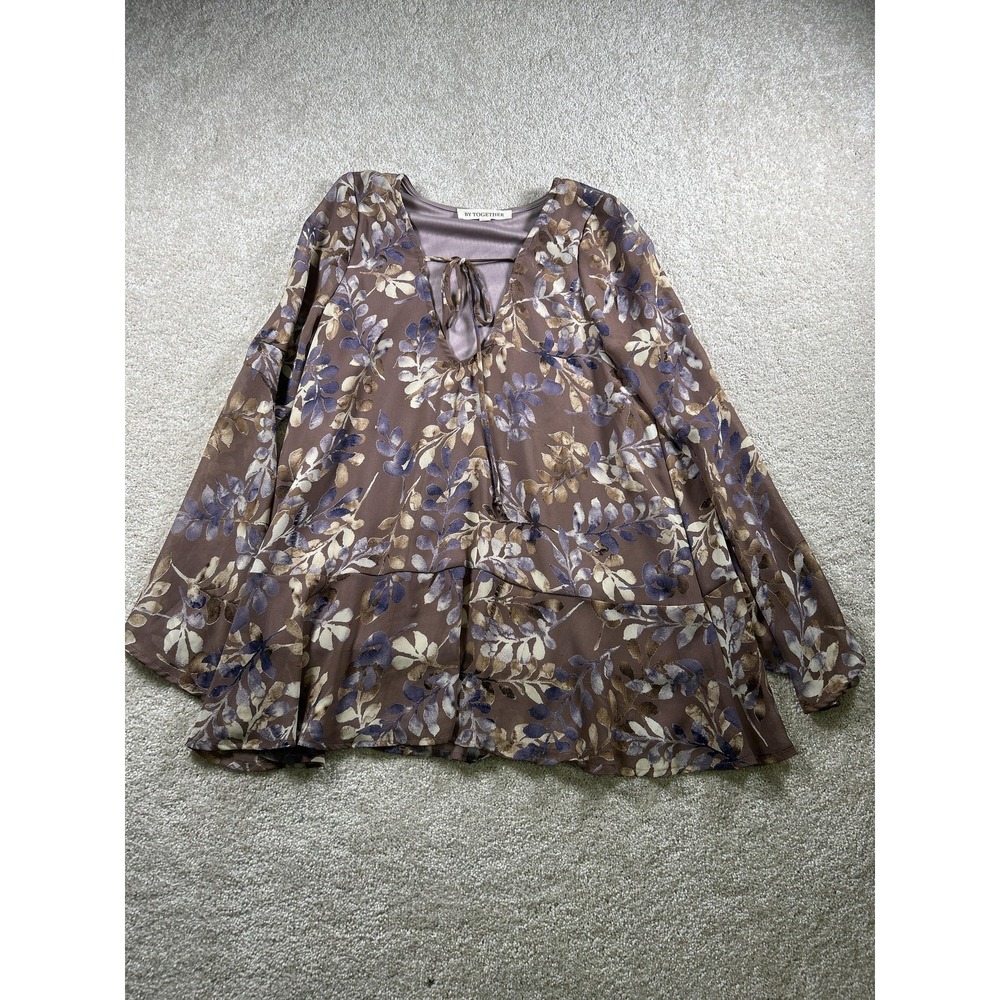 By Together Blouse Womens Small Sheer Bell Sleeve Boho Floral Layered Top‎